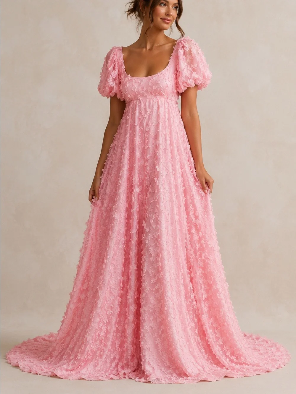 Pink Floral Maxi Puff Sleeve Cottagecore Romantic Formal Gown Women's. Size L - Picture 1 of 7